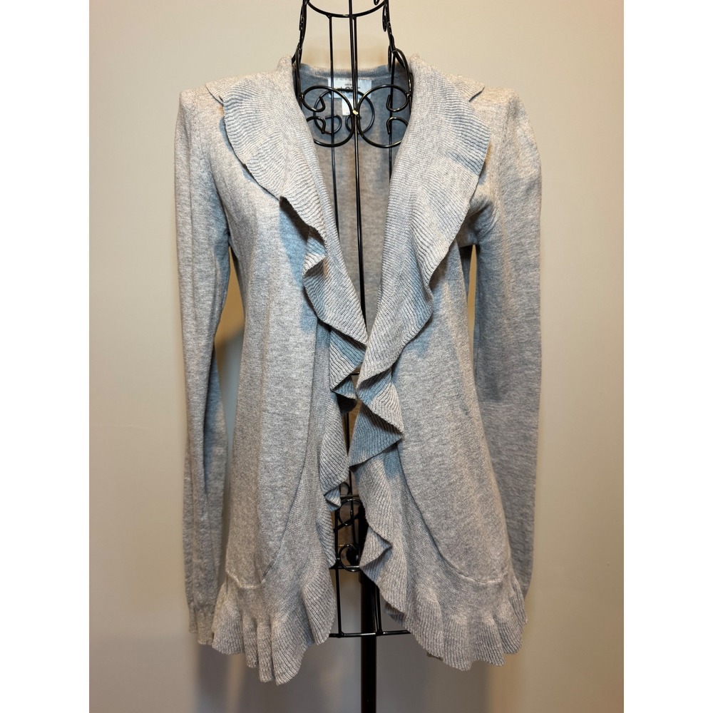 Ann Taylor LOFT Gray Ruffle Open Front Cardigan Sweater Cotton XS